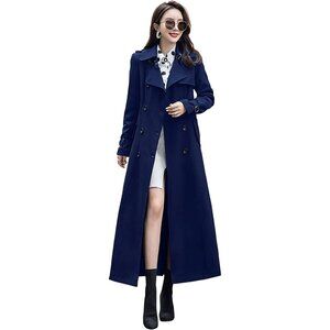 ebossy Women's Navy Blue  Full Length Double Breasted Long Trench Coat